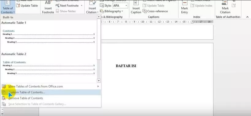 membua daftar isi word 2013